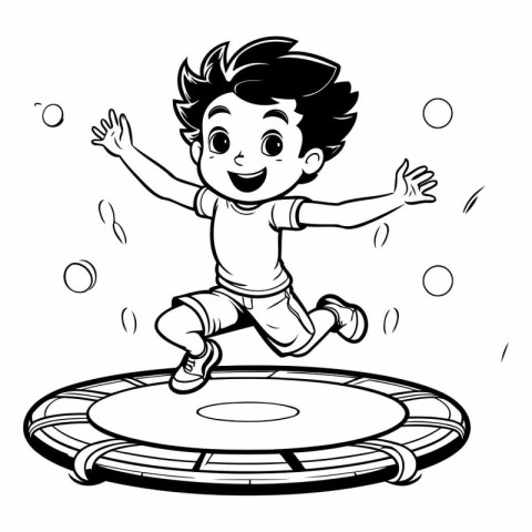 Little boy jumping on trampoline. Black and white vector illustr