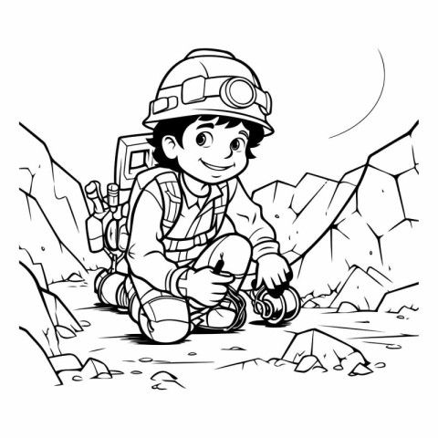 Black and white cartoon illustration of a little miner sitting o