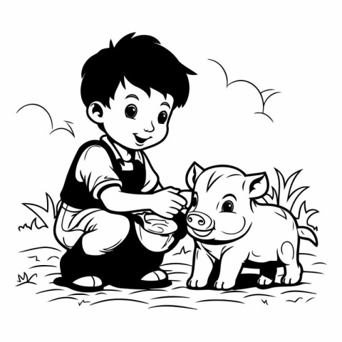 Boy playing with a piggy-pig. Black and white vector illustratio