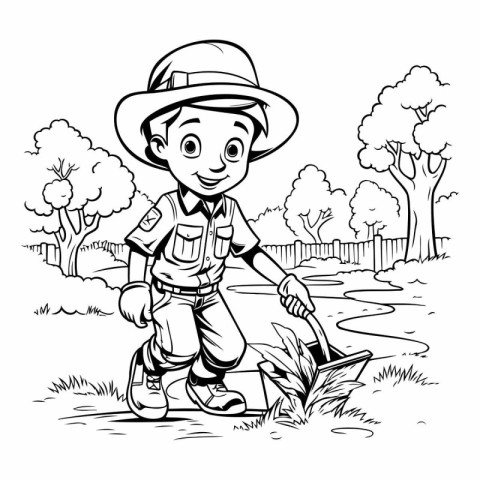 Boy with a shovel in the garden. Vector illustration for colorin