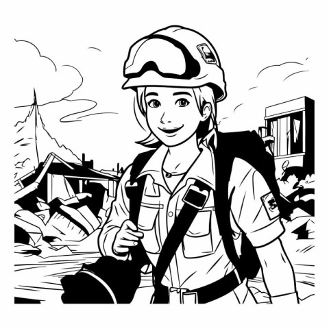 Black and White Cartoon Illustration of a Female Firefighter or