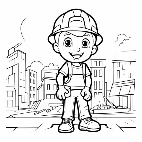 Black and White Cartoon Illustration of Little Boy Construction