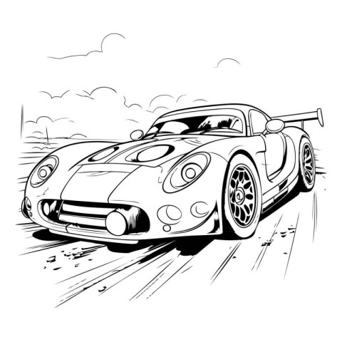 Sketch of a sports car on the road. Vector illustration