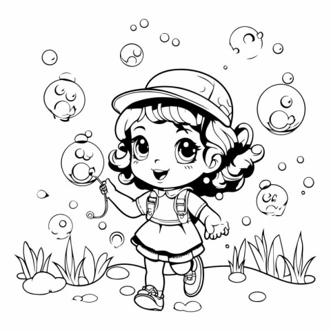 Coloring Page Outline Of a Cute Little Girl with Bubbles