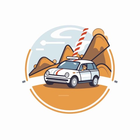 Vector illustration of a man riding a car on the road in the mou