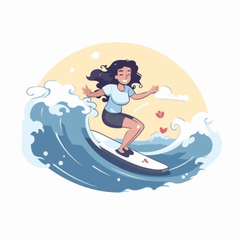 Surfer girl riding a wave. Vector illustration in cartoon style.