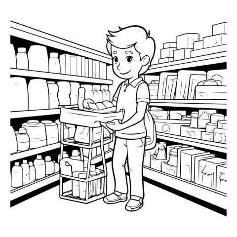 Man shopping at the supermarket. Black and white vector illustra