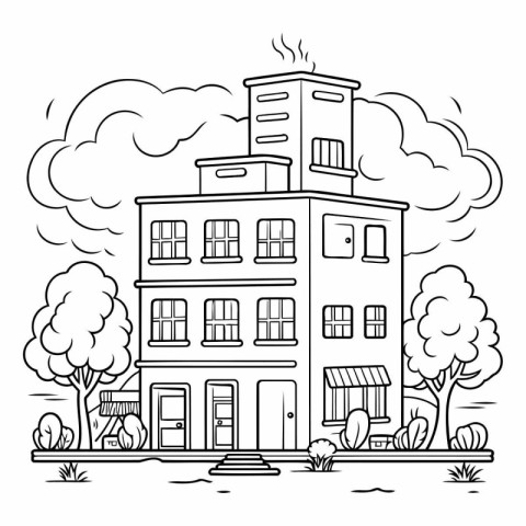 Building with trees and bushes. Vector illustration in black and