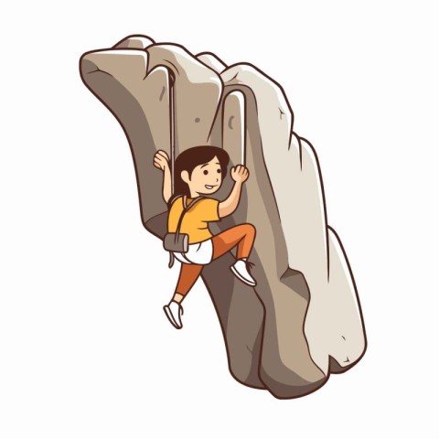 Young man climbing on a cliff. Vector illustration in cartoon st