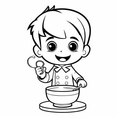 Cute little boy eating soup. Vector illustration for coloring bo