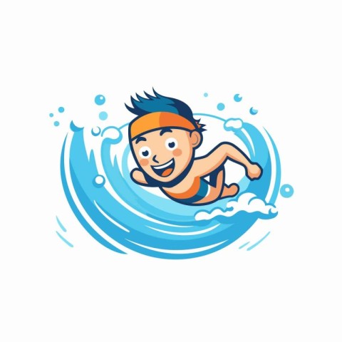 Cartoon boy in swimsuit swimming on a wave. Vector illustration