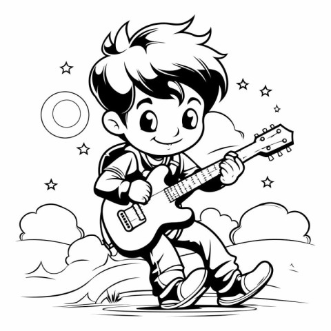 Boy playing guitar in the sky. Vector illustration. Black and wh