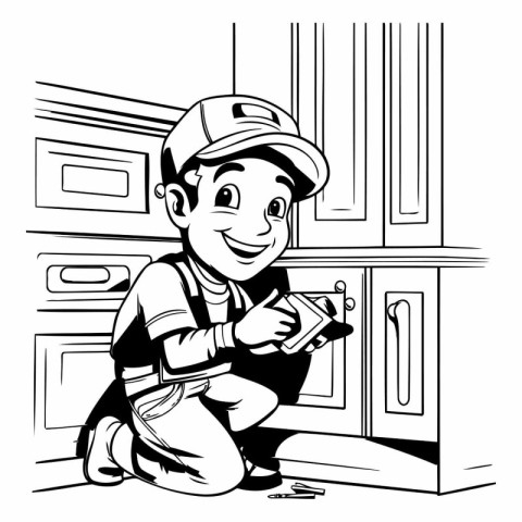 Black and White Cartoon Illustration of a Kid Boy Repairing a Do