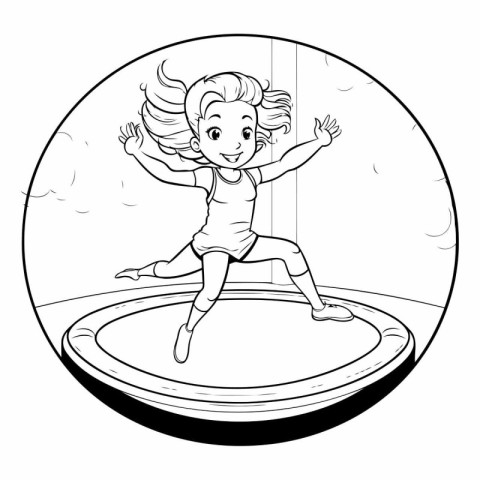 Girl jumping on a trampoline. Coloring book for children.