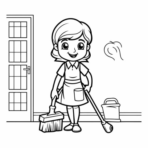 Cartoon housewife with broom cleaning the house vector illustrat