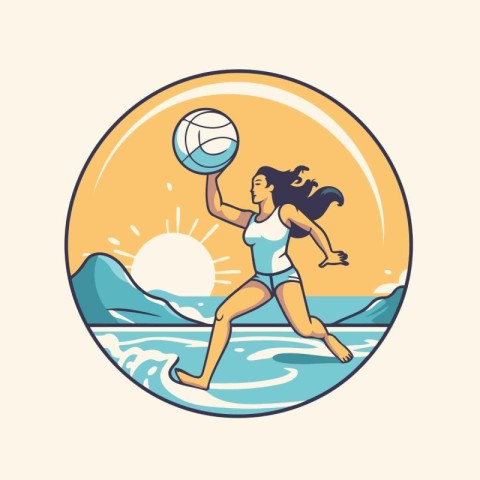 Girl playing volleyball on the beach. Vector illustration in ret