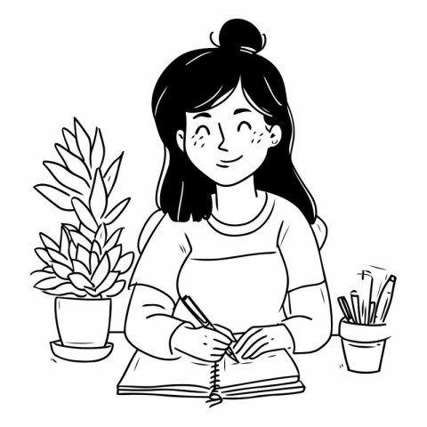 Teenage girl doing homework. Vector illustration in black and wh