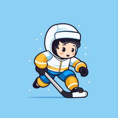 Cute cartoon boy playing ice hockey on blue background. Vector i