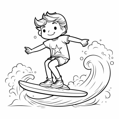 Vector illustration of a boy riding a wave. Coloring book for ch