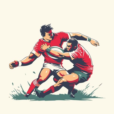 Rugby players fight for the ball. Vector illustration in retro s