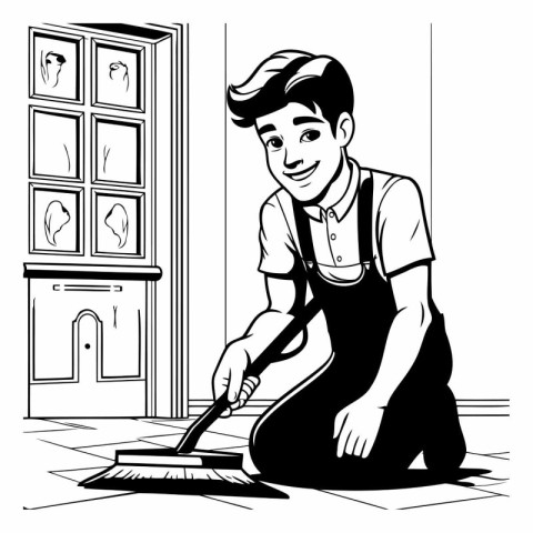 Vector illustration of a young man cleaning the floor with a bro