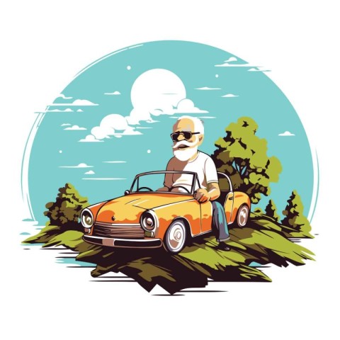 Old man driving a vintage car. Vector illustration. Retro style.