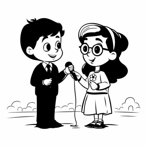 Illustration of a boy and a girl singing karaoke.