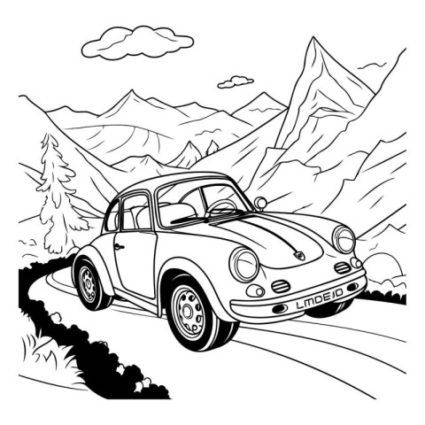 Illustration of a vintage car in the mountains on a white backgr