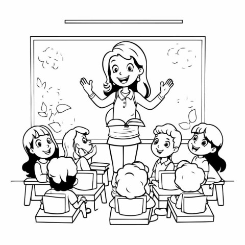 Teacher and pupils in classroom cartoon black and white vector i