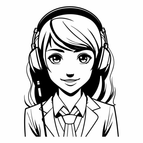 Call center operator with headset. Vector illustration in black