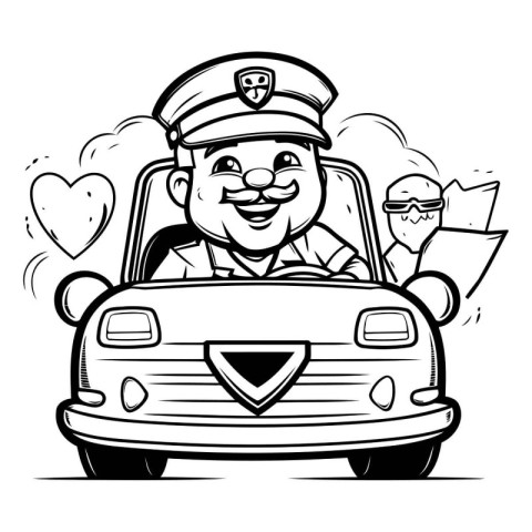 Black and White Cartoon Illustration of Pilot Driving a Car with