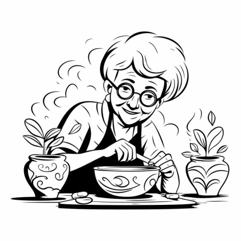 Elderly woman potter. Black and white vector illustration.