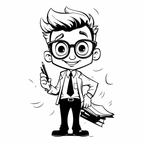 Vector illustration of a boy in glasses with a book and pen.