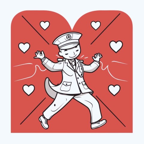 cute pilot in love with hearts on red background. vector illustr