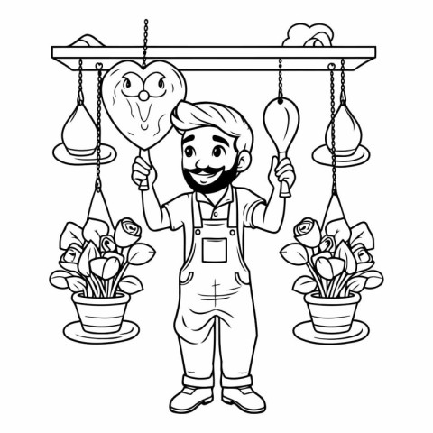 gardener man with flowers and heart icon cartoon black and white