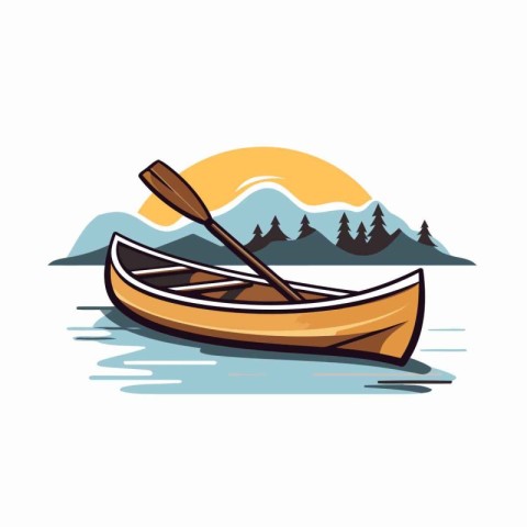 Kayak on the lake with mountains in the background. Vector illus