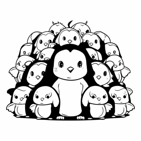 penguin family - black and white vector illustration for colorin