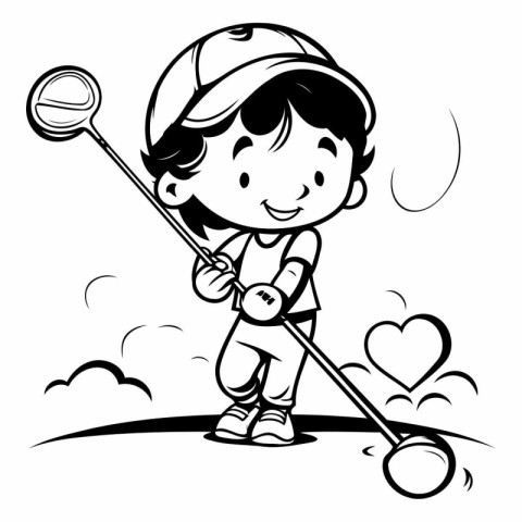 Illustration of a Kid Boy Playing Golf - Black and White Cartoon