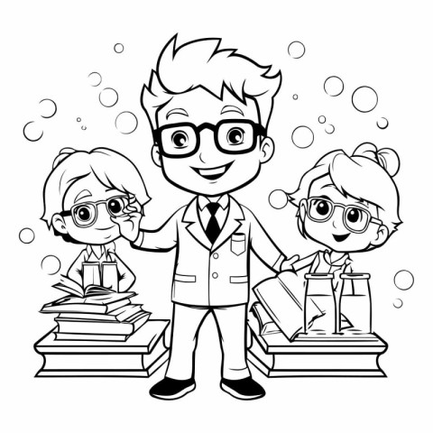 Teacher and students. Black and white vector illustration for co