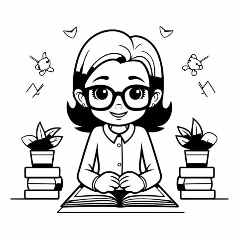 Cute cartoon girl reading a book. Vector illustration. Black and