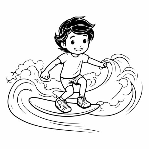 Black and White Cartoon Illustration of Little Boy Surfing on Wa