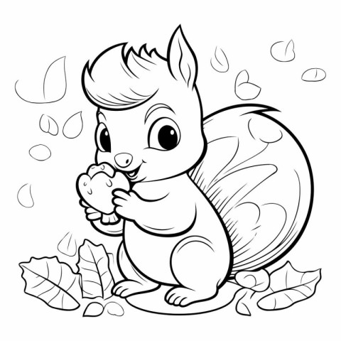 Cute Squirrel Cartoon Coloring Page Outline Vector Illustration.