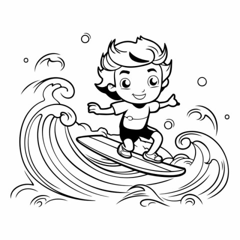 Boy surfing on a wave. black and white vector illustration for c