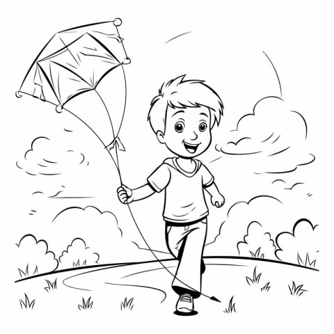 Boy playing with a kite in the park. black and white vector illu