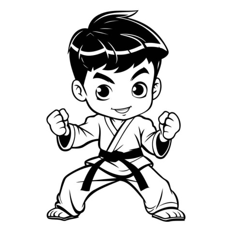 Karate boy - black and white vector illustration for coloring bo