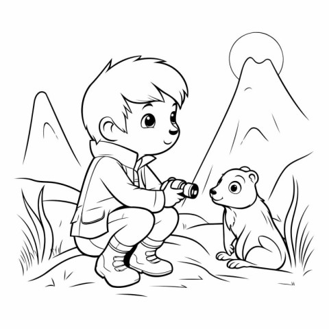 Boy playing with a dog in the mountains. black and white vector