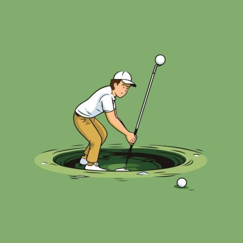 Golfer hitting the ball in the hole. Vector illustration.