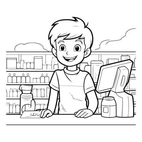 Young man in supermarket. Black and white vector illustration fo