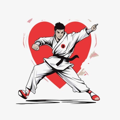 Karate man with a red heart on the background. Vector illustrati