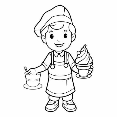 Coloring Page Outline Of Cartoon Chef With Ice Cream. Vector Ill